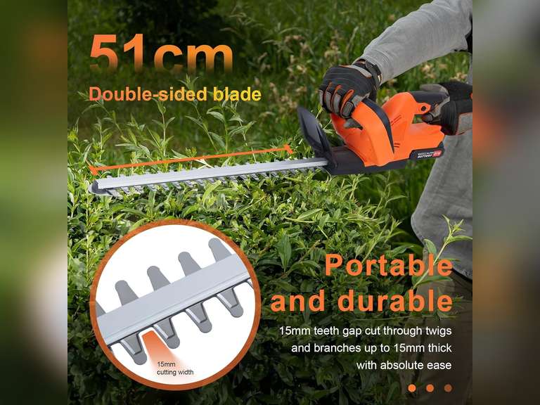 (MISSING BATTERY) Cordless Hedge Trimmer, 20-Inch Electric Bush Trimmer with Dual-Action Blades, Lightweight Shrub Cutter, Battery & Charger Included, Ideal for Garden Maintenance Orange 70