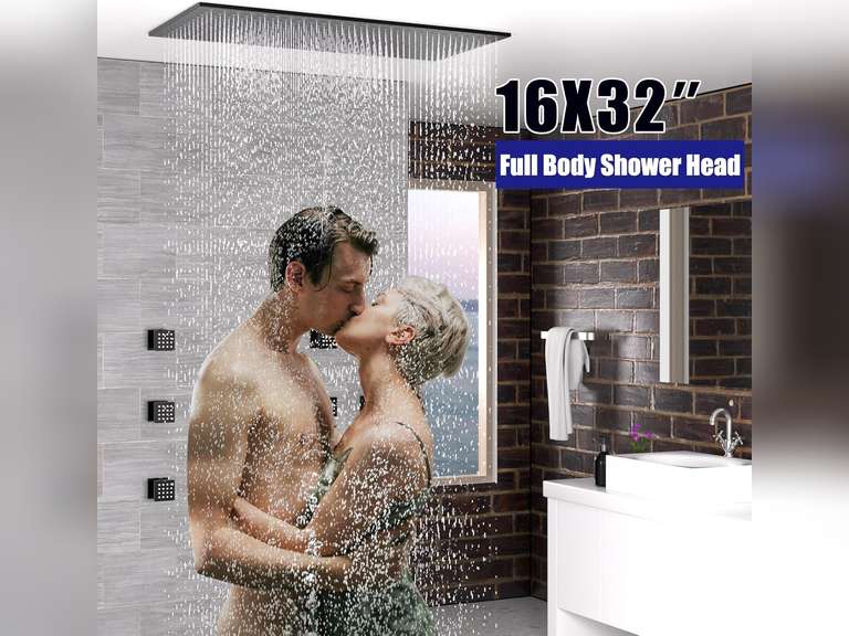HOMEDEC Luxury Large Ceiling Rectangle Rainfall Shower Head, 16x32inch High Pressure Rain Showerhead with Silicone Nozzles Full Body Fixed Showerheads For Modern Bathroom, Black Finish 440