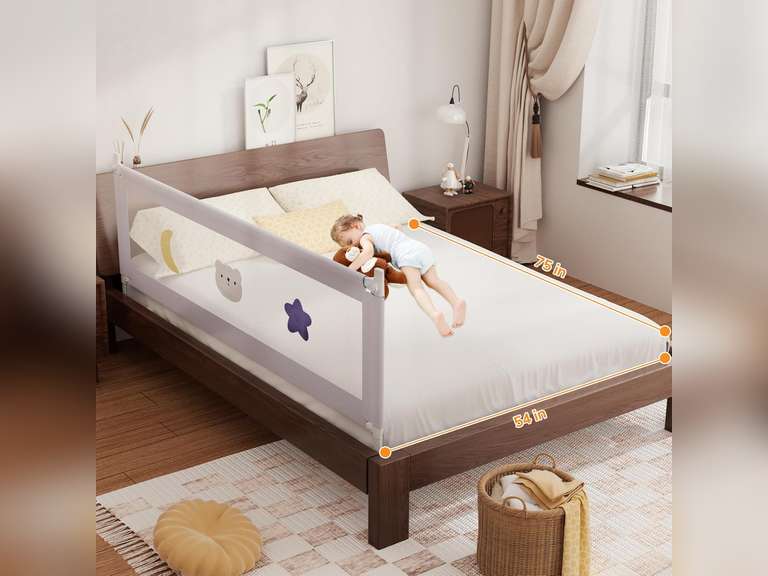 omzer Bed Rail for Toddlers - (3 Pack) Toddler Bed Rails with Double Child Lock - Bed Rail for Baby Kids with Pattern - Height Adjustment Guard Rails for Full Size Bed - 3 Pack, 54x75x75 120