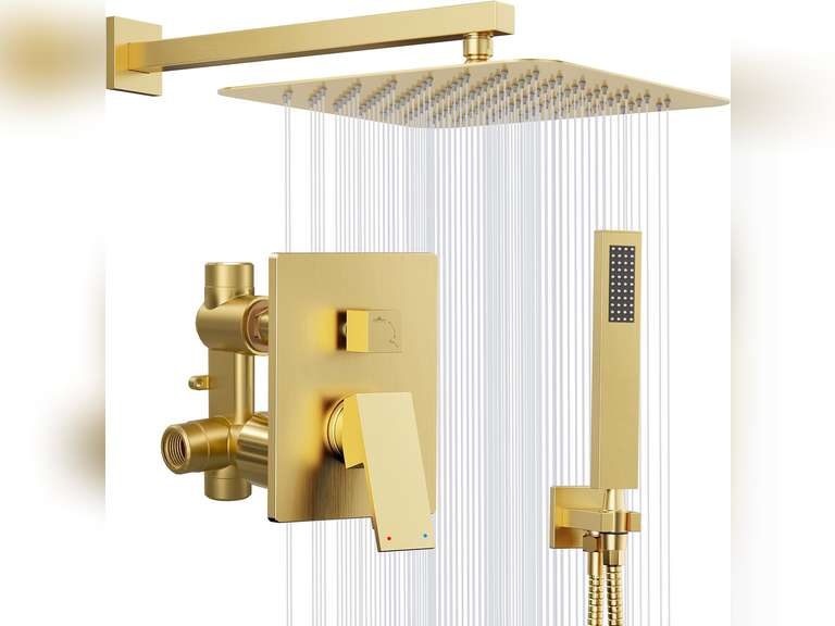 Gold Shower System, 12 Square Rainfall Shower Head with Handheld Combo Spray, Bathroom Brushed Gold Shower Faucet Set with Valve, 59' Shower Hose, Shower Trim Kit and Diverter, Wall Mounted 126