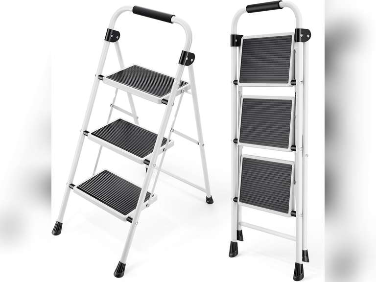 KINGRACK 3 Step Ladder, Folding Ladder with Non-Slip and Wide Pedal, Small Ladder with Handle, Heavy Duty Steel Ladder, Lightweight and Portable Step Ladder, White 89
