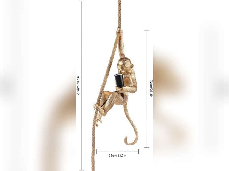 Monkey Pendant Light Vintage Resin Monkey Chandelier Hemp Rope Industrial Hanging Light Fixture (Gold) 67