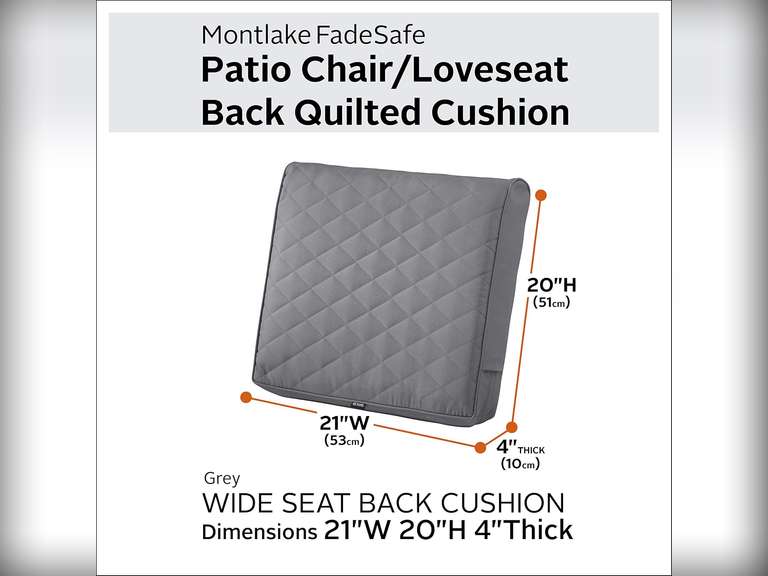 Classic Accessories 62-024-GREY-EC Montlake FadeSafe Quilted Back Cushion, Grey, 21" W x 20" Thick x 4" D 56