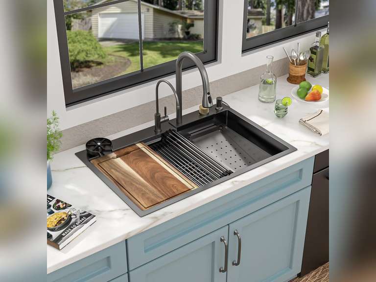 33"x22" Drop In Waterfall Kitchen Sink - 16 Gauge 304 Stainless Steel Gunmetal Black NANO-PVD Multifunctional Single Bowl Smart Workstation Waterfall Sink with Faucet Combo, Glass Rinser 400