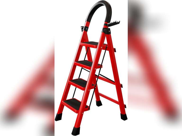 4 Step Ladder Lightweight Step Stool Portable Foldable Extension Ladder Steel Ladder with Anti-Slip Wide Pedal and Handrail Multi-use for Home Kitchen & Office(Red) 127