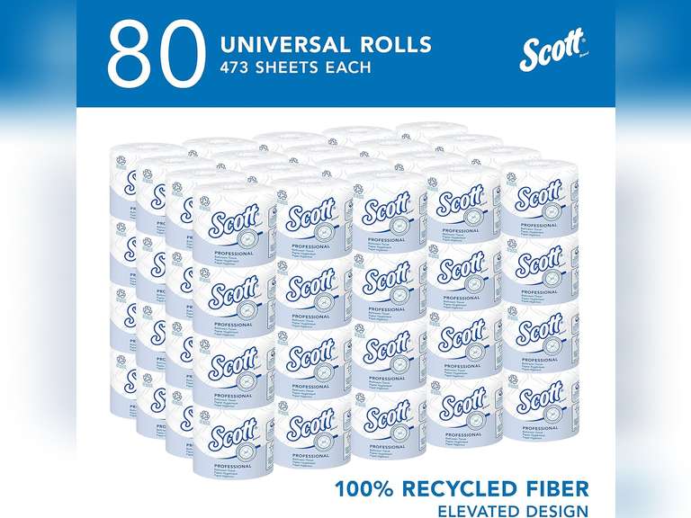Scott Professional 100% Recycled Fiber Standard Roll Bulk Toilet Paper (13217), 2-Ply, Elevated Design, White, Individually Wrapped (80 Rolls of 473 Sheets, 37,840 Sheet Total) 60