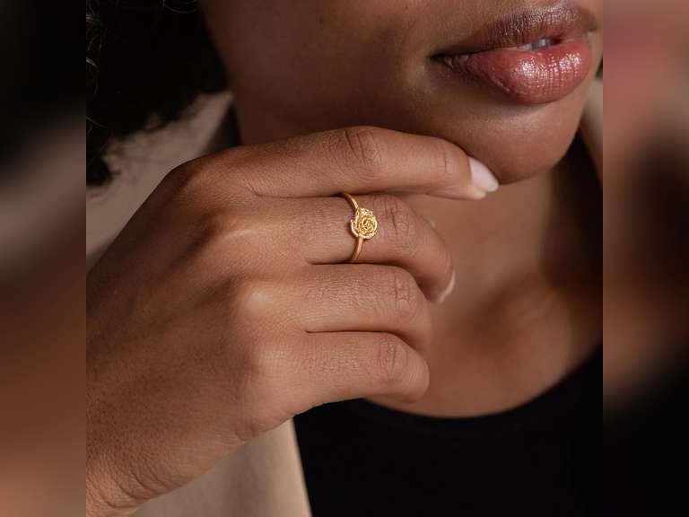 Birth Flower Ring for Women 14K Gold Plated Floral Minimalist Stackable Finger Jewelry Birthday Gifts size 6 14