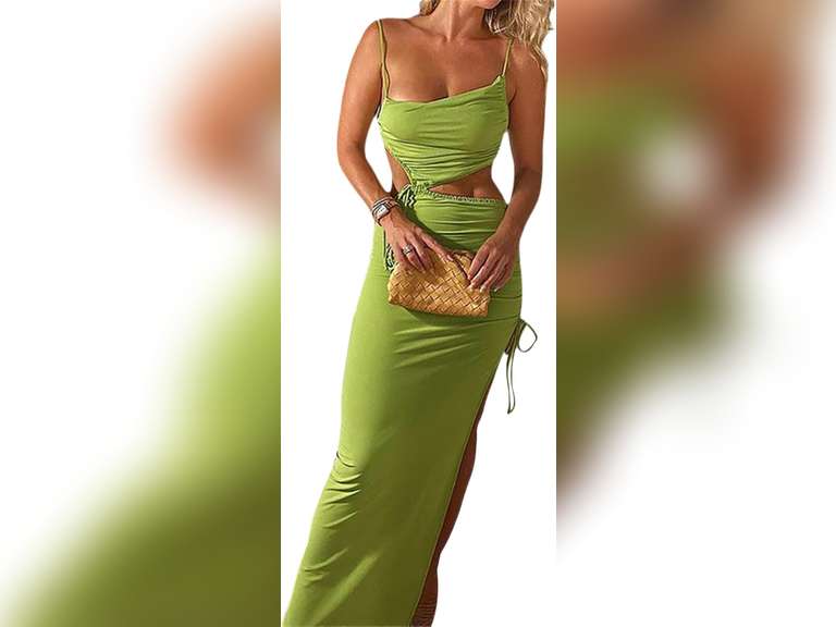 Seyumixi Women Hollow Out Long Dress Bodycon Backless Maxi Dress V Neck Spaghetti Strap Cocktail Dress S 16