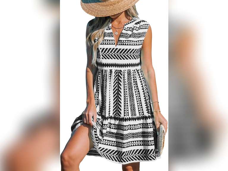 CUPSHE Women's Ruffle Beach Mini Dress Split V Neck A Line Sleeveless Geometric Stripe Tropical Leaf Pattern Summer Dresses si.ze M 38