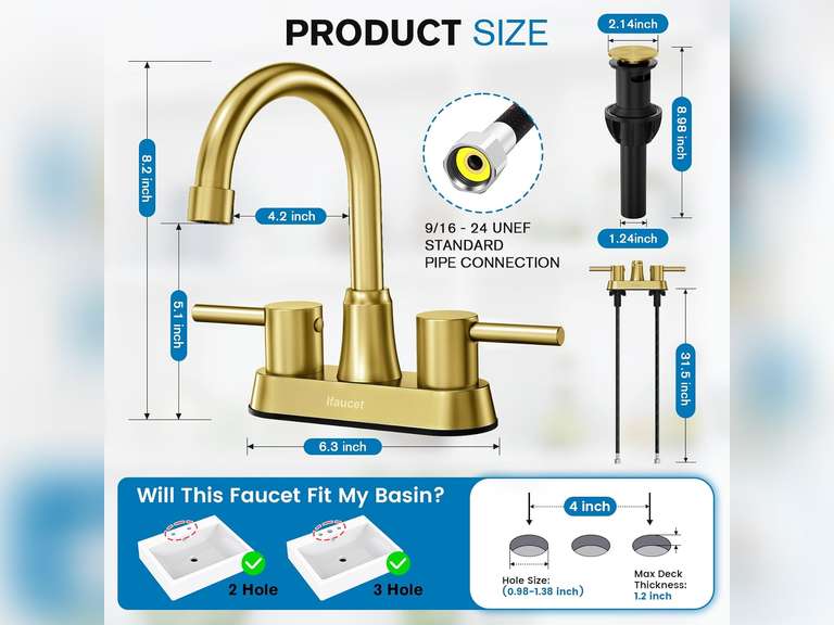 Gold Bthroom Faucet, Brushed Gold Bathroom Faucet, Gold Faucets for Bathroom Vanity, 4 Inch 2 Handle Centerset, Lead-Free, with Copper Pop Up Drain (Brushed Gold) 30