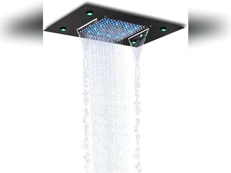 Black LED Rain Waterfall Shower Remote Control LED Colors Ceiling Mounted Shower 19.5*13.8inch Square Bathroom Shower(E) 1174
