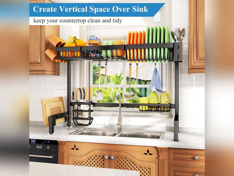 (SIMILAR MODEL) Over The Sink Dish Drying Rack, Adjustable (30" to 41.5") Large Dish Drainer Drying Rack for Kitchen Counter with Multiple Baskets Utensil Sponge Holder Sink Caddy, 2 Tier Black 40