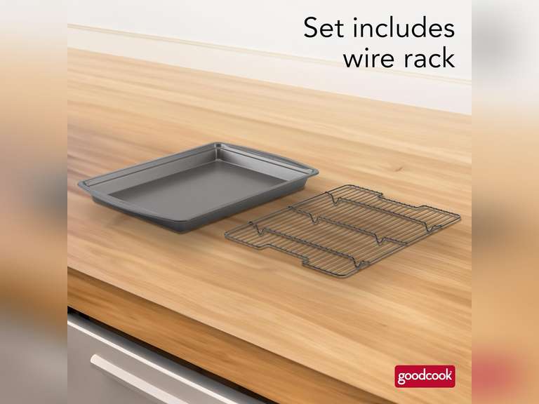 GoodCook 15 x 10.5 Nonstick Carbon Steel Baking Pan & Raised Wire Rack Pizza Crisper, Crispy Bacon, Multipurpose Cooking Sheet Pan, Cooling Rack, Kitchen Cookware Set, Dishwasher Safe 20