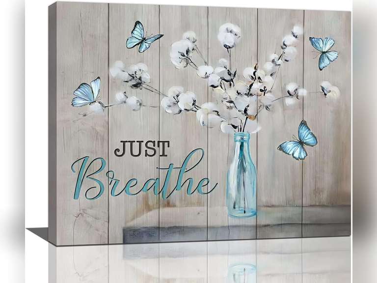 Cotton Wall Art Farmhouse Bathroom Pictures Wall Decor Bathroom Canvas Prints Flower Butterfly Decorations Painting Framed Artwork Office Home Decor For Bedroom Dining Living Room 20"x16" 30