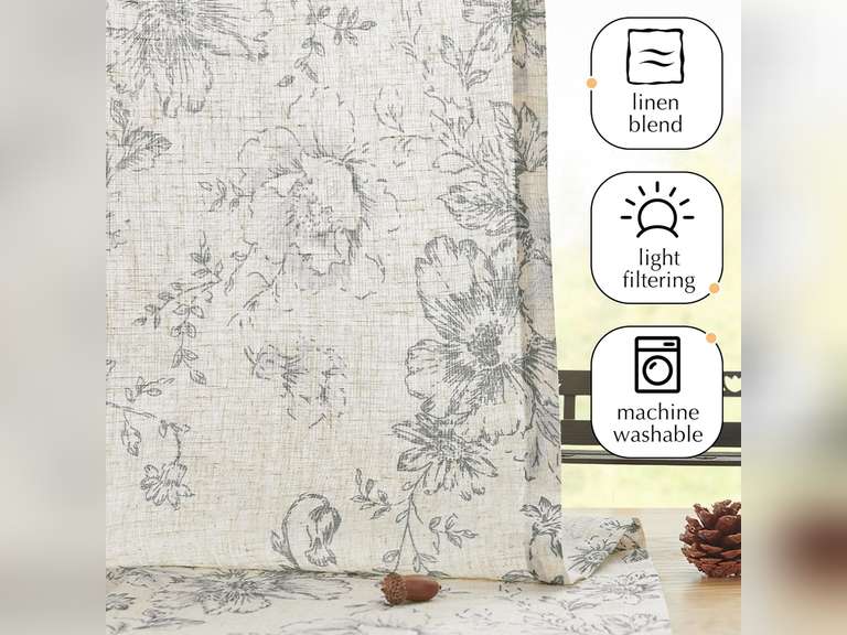 jinchan Floral Kitchen Curtains Set Linen Tier Curtains and Valance Farmhouse Drapes for Small Windows 24 Inch Length for Cafe Living Room Bathroom Rod Pocket 3 Pieces Set Grey on Beige 22