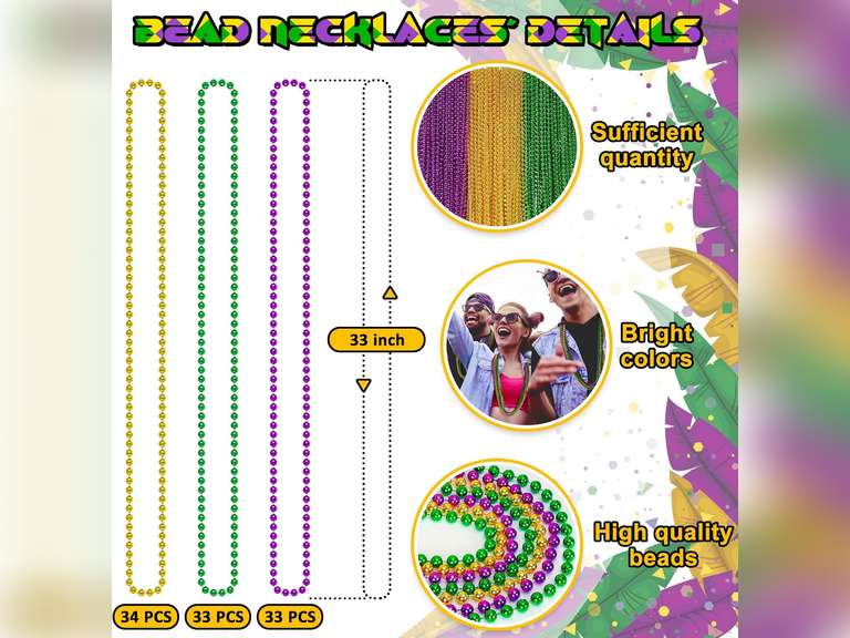 100PCS Mardi Gras Beads, Green Purple Gold Metallic Mardi Gras Beads Necklaces Accessories Bulk, Mardi Gras Carnival Beads Necklace Accessories for Parade Throws Party Decorations Supplies Favors(2 colors) 19