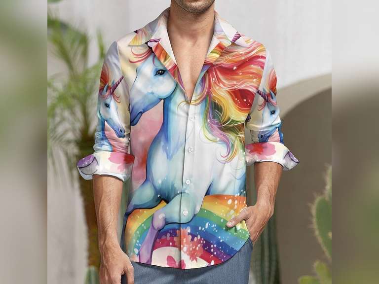Similar model, Rainbow Unicorns Men's Button Down Shirt Long Sleeve Shirt Casual Regular Fit Tops with Pocket, L 30