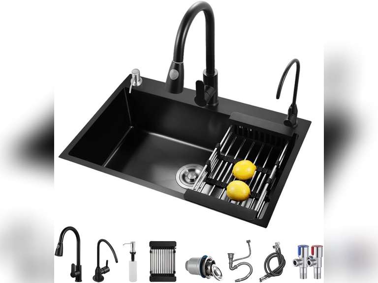 Black Kitchen Sink, Stainless Steel Single Bowl Sink, Drop In/Topmount Workstation Sink with Sliding Accessories, Farmhouse Workstation Sink with Multiple Accessories (21.7 x 17.7in), RXZE031 140