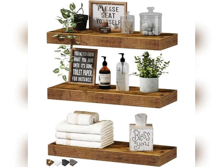 QEEIG Floating Shelves for Wall Bathroom Shelf Bedroom Kitchen Living Room Hanging Book Shelves Small Farmhouse Decor 16 inch Set of 3, Rustic Brown (015-BN3) 20