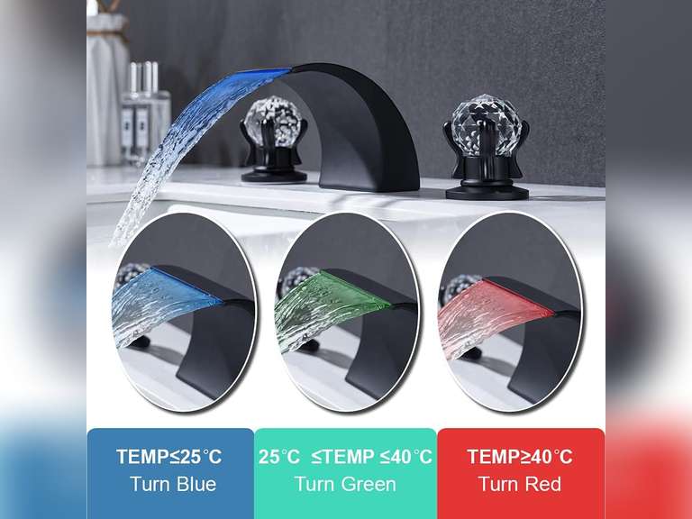 Bathroom Sink Faucet 3 Hole 2 Handle Widespread LED Light Waterfall Faucets with Dual Crystal Handles Basin Mixer Tap 8-Inch Vanity Sink Faucet with Supply Hose, Matte Black 99