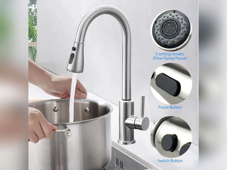 Silver Kitchen Faucets with Pull Down Sprayer, Kitchen Sink Faucet Kitchen Faucet with Deck Plate, Sink Faucet Single Handle Faucet 360 Rotatble Kitchen for Kitchen Sinks 79