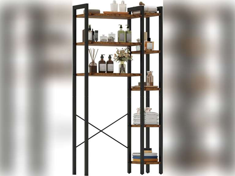 (SIMILAR MODEL) IRONCK Over The Toilet Storage with 8-Titer Shelf, Mass-Storage Side Storage Open Rack, Freestanding Bathroom Organizer Space Saver, for Bathroom, Restroom, Laundry, Vintage Brown 90