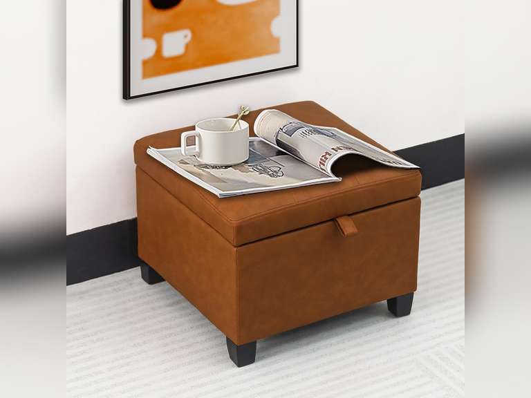 Adeco Faux Leather Storage Ottoman with Hinged Lid, 14 Inch High Orange Square Cube Foot Stool with Storage, Upholstered Vanity Stool with Solid Wood Legs for Living Room, Bedroom, Dorm 87