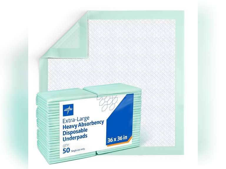 Medline Heavy Absorbency 36" x 36" Quilted Bed Pads, Large Disposable Underpads, 50 Per Case, Fluff and Polymer Core, Great Protection for Beds, Furniture, Surfaces 57