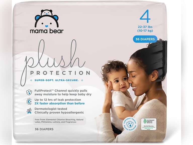 Amazon Brand - Mama Bear Plush Protection Diapers - Size 4, 36 Count, Hypoallergenic Premium Disposable Baby Diapers, White and Cloud Dreams 14