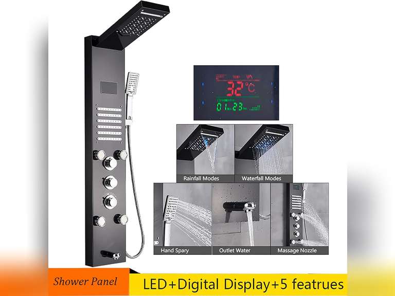 LED Shower Panel Tower System Digital Display Shower Column Stainless Steel Shower Panel System, Shower System with Shower Head, Handheld Shower Body JetsTub Spout,Gold (Black) 579