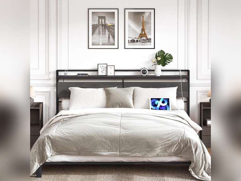 HOOBRO King Size Headboard, Headboard with 2 Outlets and 4 USB Ports, Adjustable Height, Storage Rack, Sturdy and Stable, Easy Assembly, Charcoal Gray and Black 90