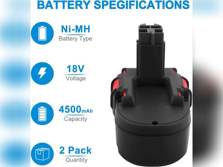18V 4500mAh 2Pack Ni-MH BAT181 Battery for Bosch BAT180 BAT181 BAT025 BAT026 BAT160 BAT189 PSR18 VE-2 GSR VE-2 GSB18 VE-2 13618 22618 23618 1644K 1662B 3860CK 53