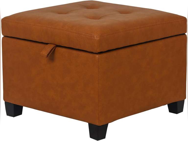 Adeco Faux Leather Storage Ottoman with Hinged Lid, 14 Inch High Orange Square Cube Foot Stool with Storage, Upholstered Vanity Stool with Solid Wood Legs for Living Room, Bedroom, Dorm 87