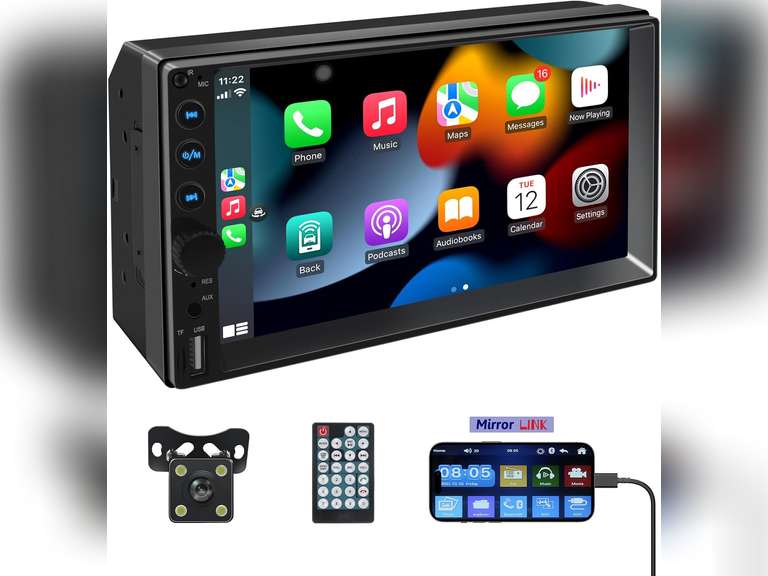 Double Din Car Stereo with Bluetooth,7 Inch Touch Screen Car Stereo,MP5 Car Radio Touchscreen with Backup Camera,Remote Control,Support Mirror Link,USB/TF/AUX/SWC,AM/FM Car Audio Receivers 50