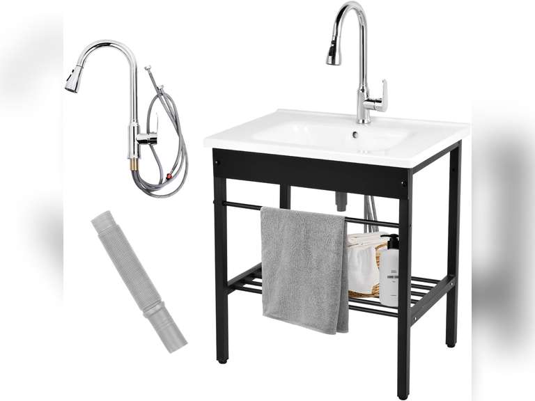 (Similar)Laundry Room Sink,28 18.5 32 Ceramic Utility Sink,Freestanding Sink With Cold And Hot Water Faucet, Hoses And Drain Kit For Laundry Room,Basement,Outdoor And Indoor 160