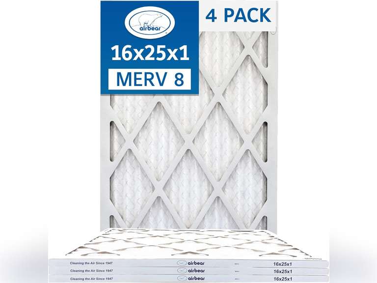 TRION Air Bear 16x25x1 Air Filter MERV 8 (4-Pack), Pleated HVAC Air Filters Replacement (Actual Size: 15.50 x 24.50 x 0.75 Inches) 30