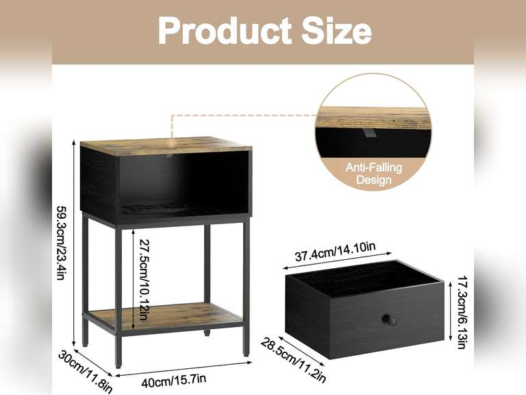 3 Tier Nightstand with Wood Drawer Storage, Small Side Table for Small Spaces, Rustic Tall Night Stand/End Table with Shelf, Anti- Falling Design for Living Room, Bedroom, Sofa, Black 47