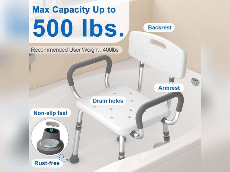 Shower Chair for Inside Shower with Arms and Back, FSA/HSA Eligible 500 lbs Heavy Duty Shower Seat for Bathtub, Height Adjustable Safety Bath Seat for Elderly, Adults, Handicap and Disabled 45