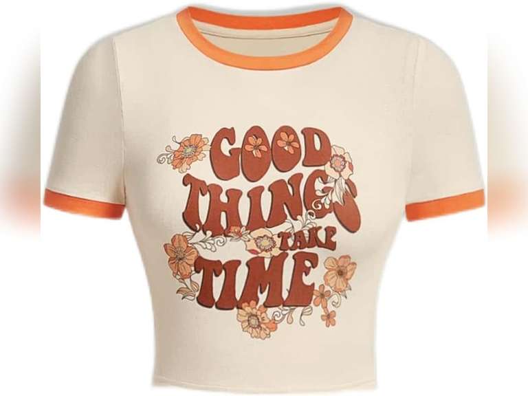 Women's T-Shirt Slogan Graphic Contrast Binding Crop Tee T-Shirt for womenSEIBES size S 45