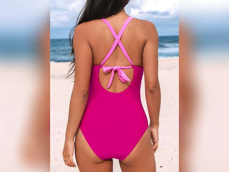 CUPSHE Women's One Piece Swimsuit Bathing Suit V Neck Ruched Crisscross Back Self Tie Color Block, M 23