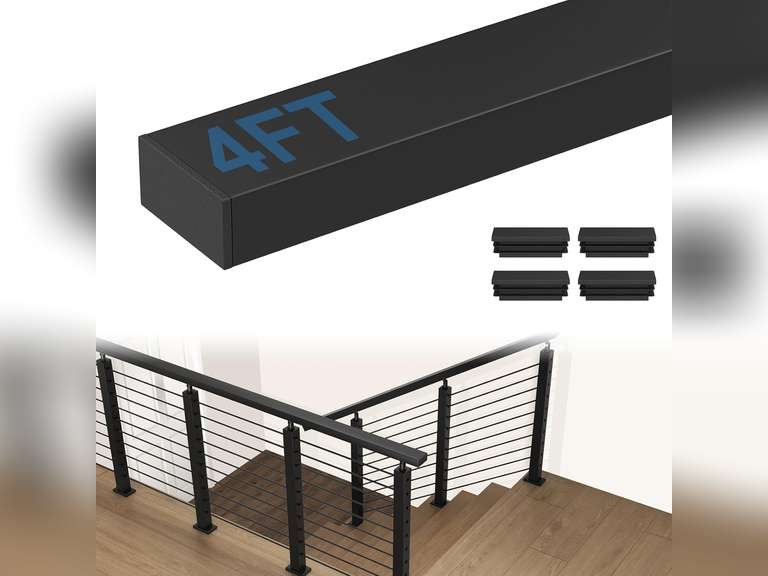 CKE 4FT Stainless Steel Black Rectangular Handrail for Indoor Outdoor Deck Stair, Flat Top Rail Cable Railing System with Nylon End Caps, Durable and Stylish Handrail for DIY Balustrade HT02 60
