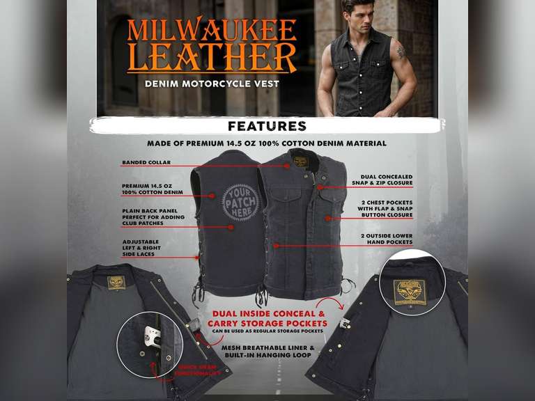 Milwaukee Leather MDM3002 Men's Covert Black Denim Club Style Vest with Side Lace Adjustment, size 2XL 61