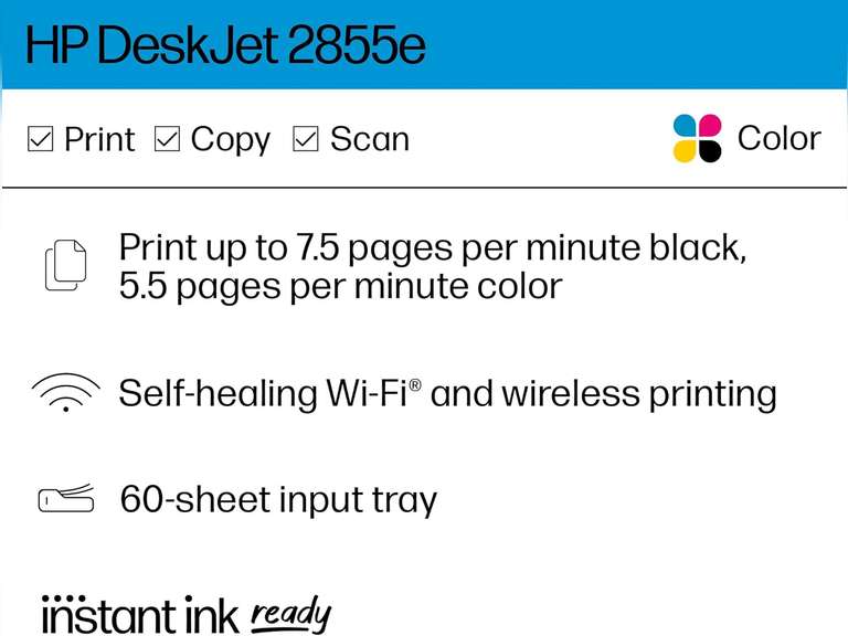 HP DeskJet 2855e Wireless All-in-One Color Inkjet Printer, Scanner, Copier, Best-for-home, 3 months of Instant Ink included (588S5A) 50