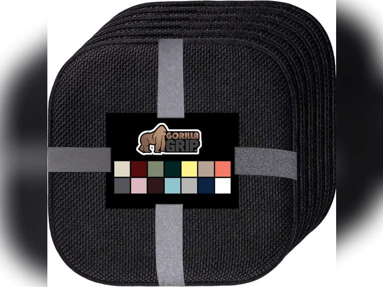 GORILLA GRIP Slip Resistant Chair Cushions, No Ties Required, Set of 6 Memory Foam Pads for Dining Room, Kitchen Table, Office, Rocking Chairs, Plush Seat Cover Cushion Pad, Home Decor, 16x16, Black 68