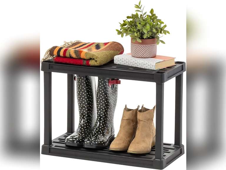 IRIS USA 2-Shelf Heavy Duty Plastic Storage Shelves, 80lb Capacity, 17"H x 24"W x 12"D, Medium Modular Shelving Unit Storage Organizer for Garage, Home, Bathroom & Laundry, Storage Rack - Black 25