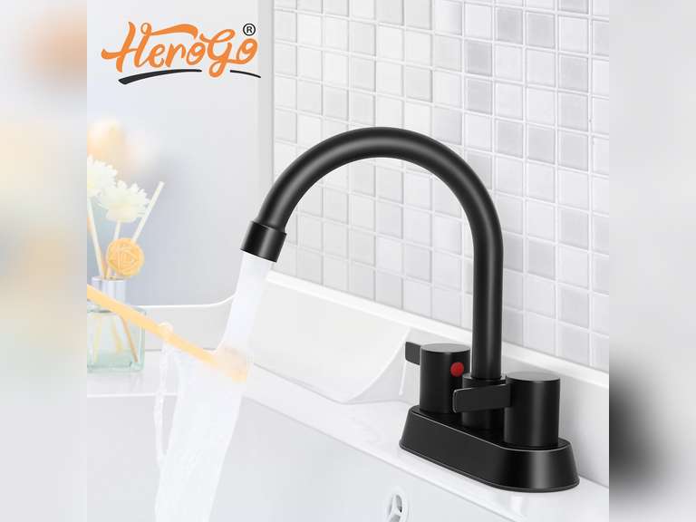 Herogo 2-Handle Centerset Bathroom Faucet Matte Black, Stainless Steel Vanity Sink Faucet 2-3 Hole with Drain Assembly, 360 Swivel Spout and Supply Hose for Farmhouse RV 24