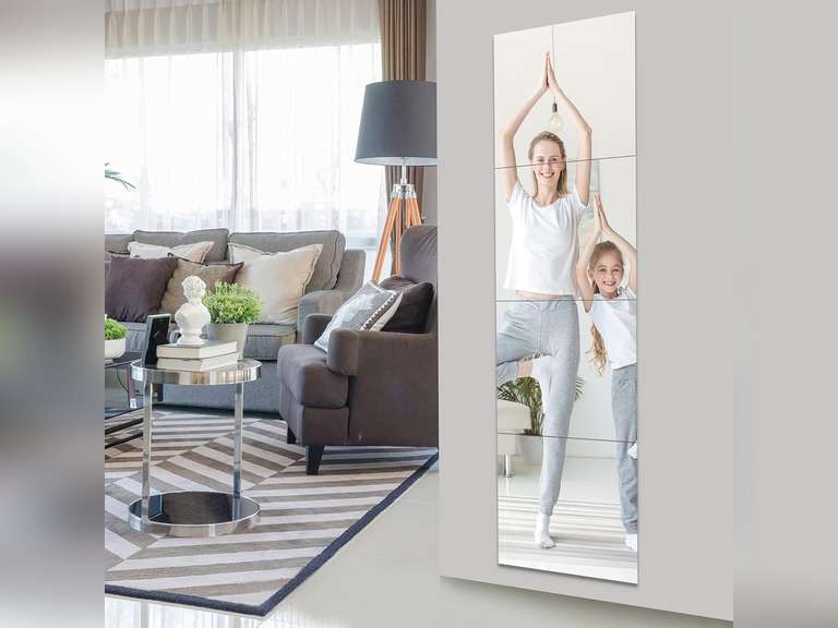 Full Length Mirror Tiles, Frameless Glass Wall Mirror 12 Inch x 4 Pieces, Body Mirror, Long Mirror, Gym Mirrors for Home Gym, for Door, Closet, Room, Easy to Install 16