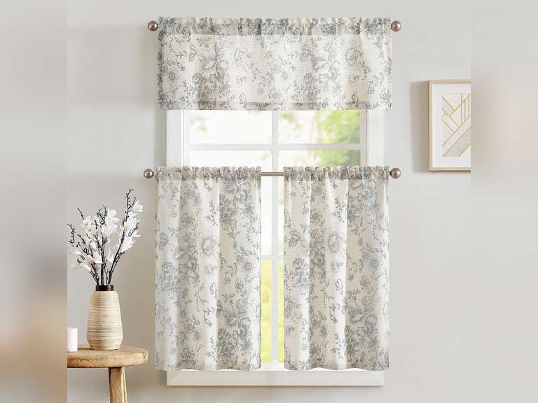 jinchan Floral Kitchen Curtains Set Linen Tier Curtains and Valance Farmhouse Drapes for Small Windows 24 Inch Length for Cafe Living Room Bathroom Rod Pocket 3 Pieces Set Grey on Beige 22