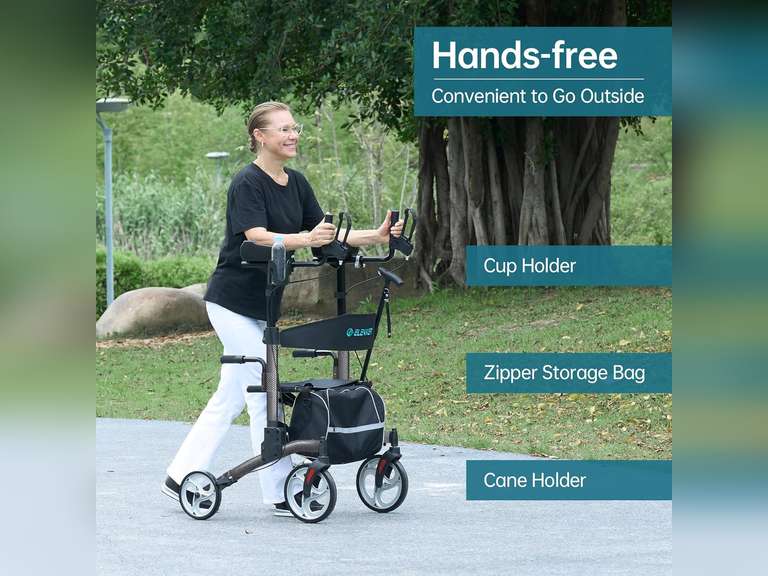 ELENKER Upright Walker, Stand Up Folding Rollator Walker with 10 Front Wheels Backrest Seat and Padded Armrests for Seniors and Adults, Carbon Fiber Black 263