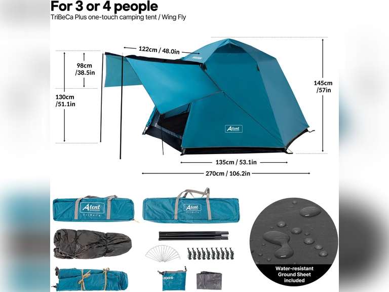 Pop Up Tents for Camping, Waterproof 4 Person Instant Tents Camping with Removable Rainfly, 2 Door 4 Mesh Windows Easy Setup Camping Tent, Included Moisture-Proof Mat 100